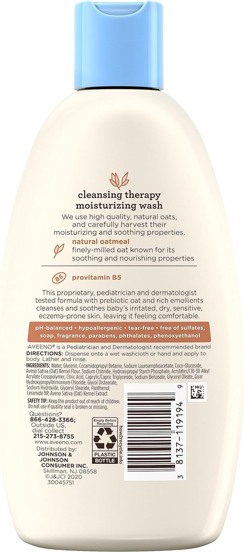 Cleansing Therapy Moisturizing Baby Body Wash with Natural Oatmeal & Provitamin B5, Gentle Tear-Free Baby Bath Wash for Sensitive & Eczema-Prone Skin, Hypoallergenic, 8 Oz