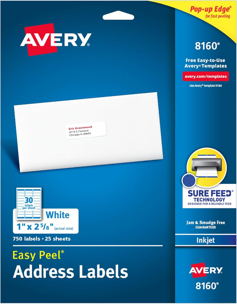 Easy Peel Printable Address Labels with Sure Feed, 1" X 2-5/8", White, 750 Blank Mailing Labels (08160)