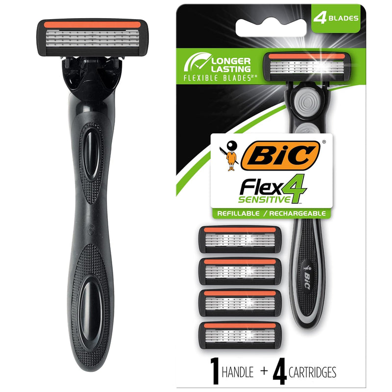 Flex 4 Refillable Razors for Men, Long-Lasting 4 Blade Razors for Sensitive Skin, 1 Handle and 4 Cartridges, 5 Piece Shaving Kit