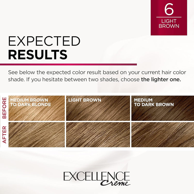 Excellence Creme Permanent Triple Care Hair Color, 6 Light Brown Hair Dye Kit, Gray Coverage for up to 8 Weeks, All Hair Types, Pack of 1