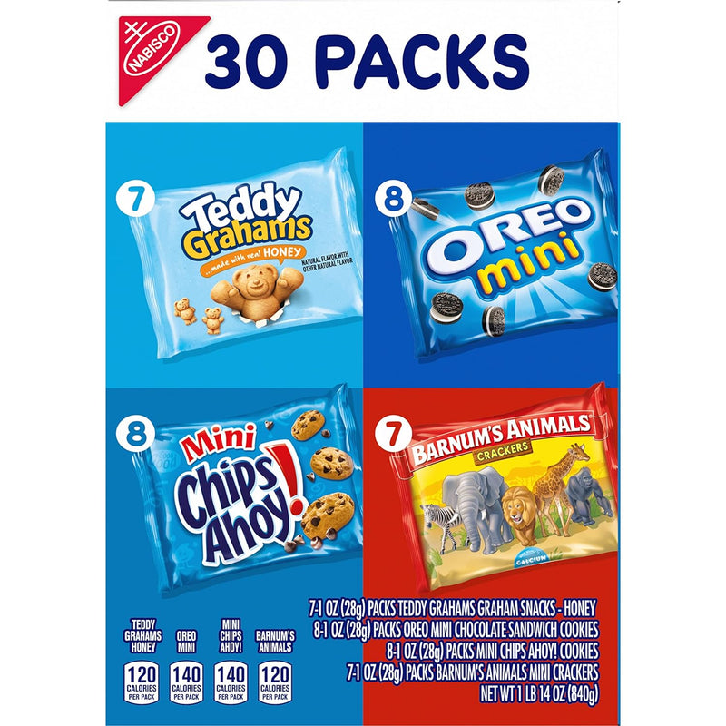 Team Favorites Variety Pack, OREO Mini, CHIPS AHOY! Mini, Teddy Grahams Honey & Barnum'S Animal Crackers, School Snacks, 30 Snack Packs