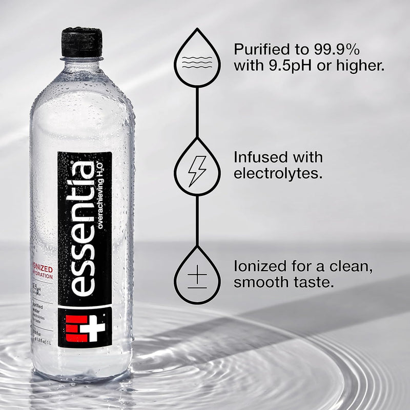 Essentia Water Bottled, Ionized Alkaline Water:99.9% Pure, Infused with Electrolytes, 9.5 Ph or Higher with a Clean, Smooth Taste, 1 Litre (Pack of 12)