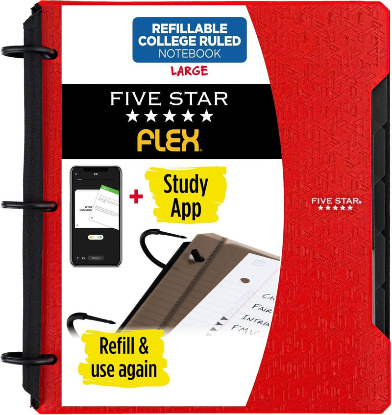 Flex Refillable Notebook + Study App, College Ruled Paper, 1 Inch Techlock Rings, Pockets, Tabs and Dividers, 200 Sheet Capacity, Red (29328AB2)