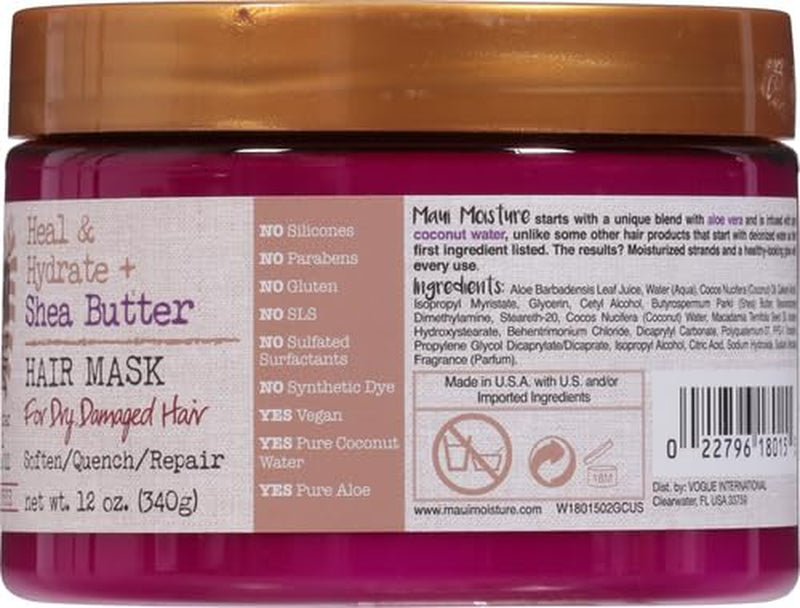 Heal & Hydrate + Shea Butter Hair Mask & Leave-In Conditioner Treatment to Deeply Nourish Curls & Help Repair Split Ends, Vegan, Silicone, Paraben & Sulfate-Free, 12 Oz