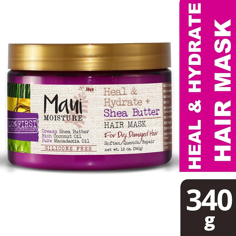 Heal & Hydrate + Shea Butter Hair Mask & Leave-In Conditioner Treatment to Deeply Nourish Curls & Help Repair Split Ends, Vegan, Silicone, Paraben & Sulfate-Free, 12 Oz