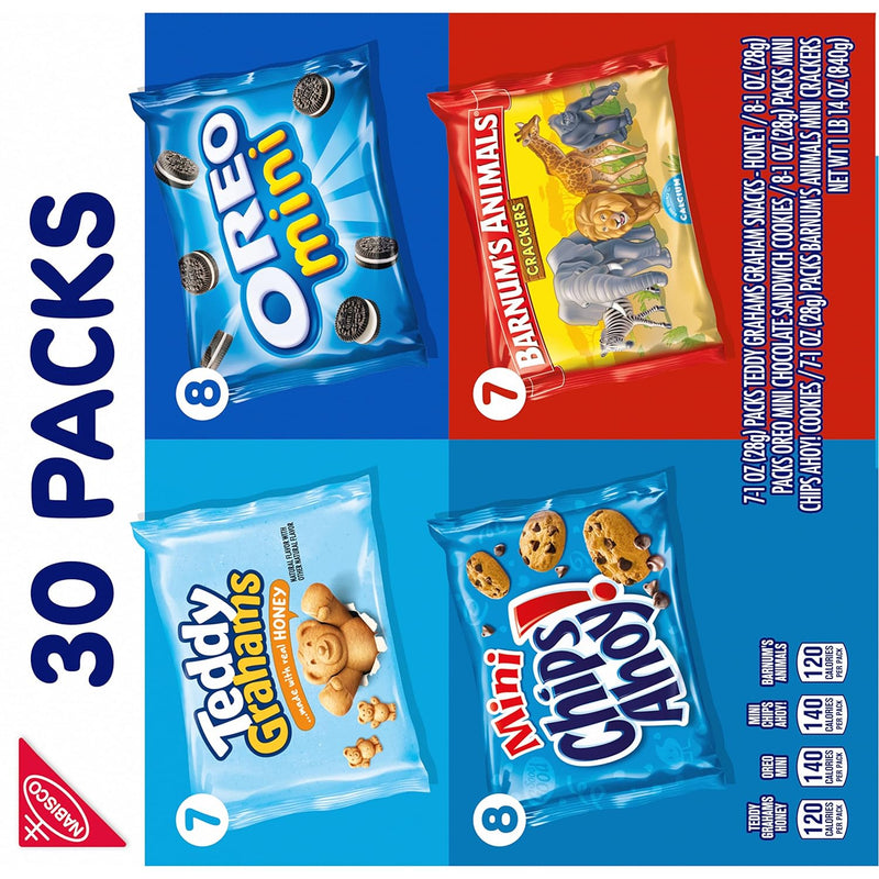 Team Favorites Variety Pack, OREO Mini, CHIPS AHOY! Mini, Teddy Grahams Honey & Barnum'S Animal Crackers, School Snacks, 30 Snack Packs