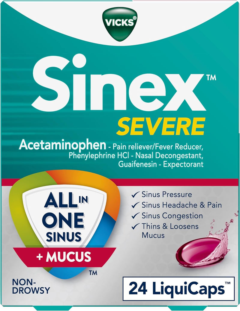 Sinex SEVERE, All-In-One Sinus + Mucus Relief, Non-Drowsy, Loosens Mucus, Maximum Strength Relief of Pain, Pressure, Congestion, & Headache Relief, 24 Liquicaps