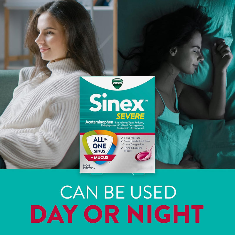 Sinex SEVERE, All-In-One Sinus + Mucus Relief, Non-Drowsy, Loosens Mucus, Maximum Strength Relief of Pain, Pressure, Congestion, & Headache Relief, 24 Liquicaps