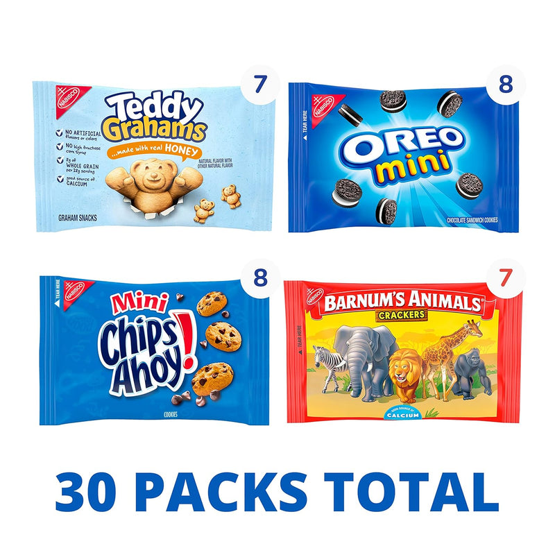 Team Favorites Variety Pack, OREO Mini, CHIPS AHOY! Mini, Teddy Grahams Honey & Barnum'S Animal Crackers, School Snacks, 30 Snack Packs