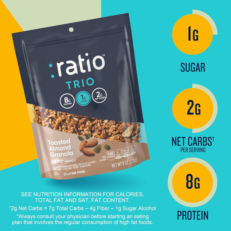 Ratio Toasted Almond Granola Cereal, 2G Sugar, Keto Friendly, 8 OZ Resealable Cereal Bag