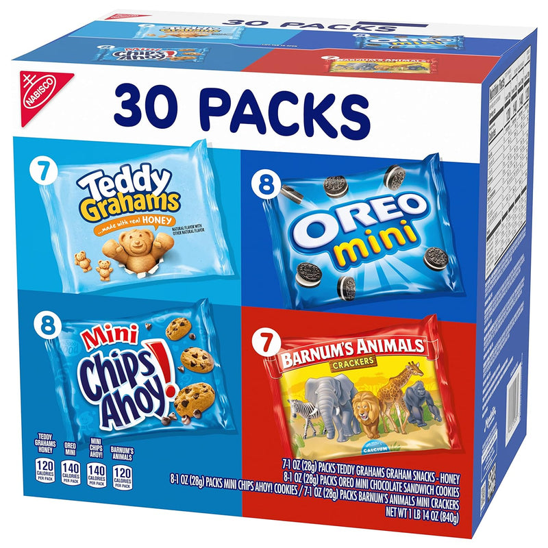 Team Favorites Variety Pack, OREO Mini, CHIPS AHOY! Mini, Teddy Grahams Honey & Barnum'S Animal Crackers, School Snacks, 30 Snack Packs