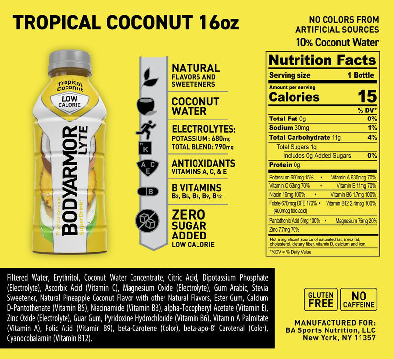 LYTE Sports Drink Low-Calorie Sports Beverage, Tropical Coconut, Coconut Water Hydration, Natural Flavors with Vitamins, Potassium-Packed Electrolytes, Perfect for Athletes, 16 Fl Oz (Pack of 12)
