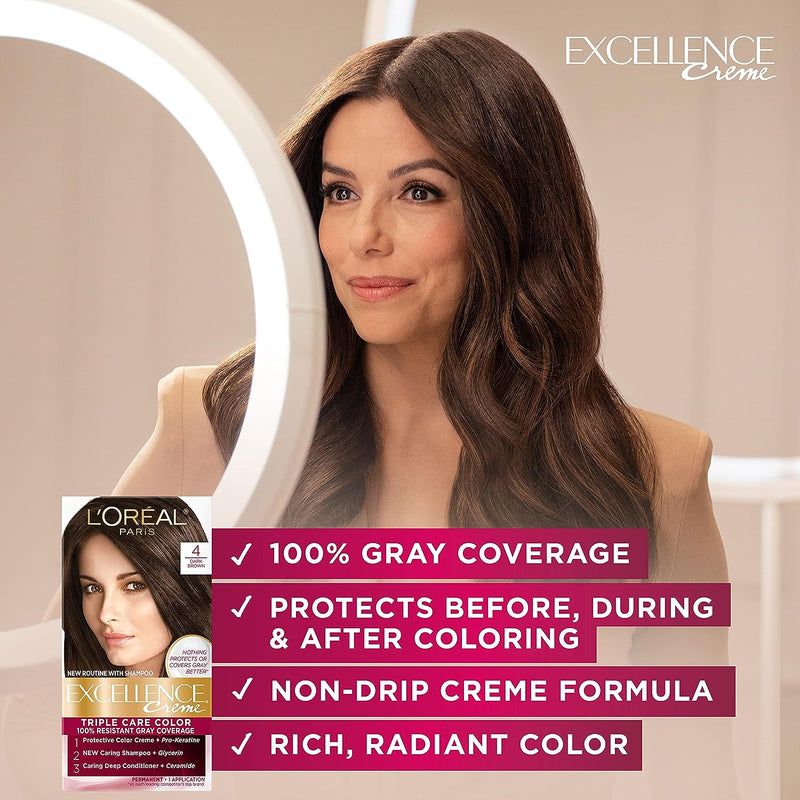 Excellence Creme Permanent Hair Color, 4 Dark Brown, 100 Percent Gray Coverage Hair Dye, Pack of 1