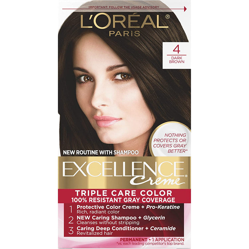 Excellence Creme Permanent Hair Color, 4 Dark Brown, 100 Percent Gray Coverage Hair Dye, Pack of 1