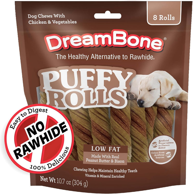 Puffy Rolls Chews for Dogs, 8 Count, Treat Your Dog to Easy-To-Digest Rawhide-Free Chews Made with Real Peanut Butter and Bison