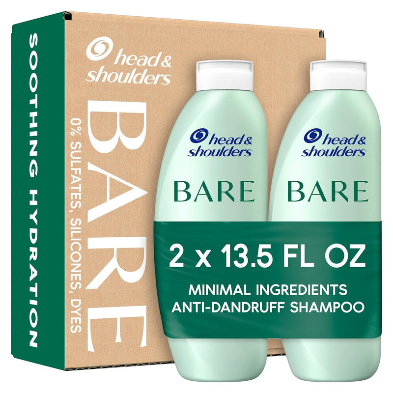 BARE Dandruff Shampoo, Sulfate Free Minimal Ingredients anti Dandruff Shampoo, Soothing Hydration, Ecobottles with Less Plastic, Safe for All Hair Types, 13.5 Fl Oz Each, Twin Pack