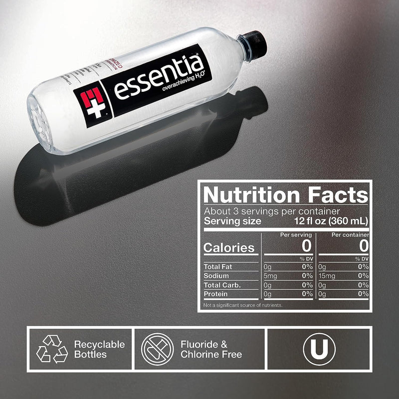 Essentia Water Bottled, Ionized Alkaline Water:99.9% Pure, Infused with Electrolytes, 9.5 Ph or Higher with a Clean, Smooth Taste, 1 Litre (Pack of 12)