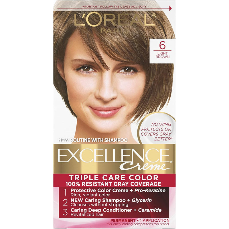 Excellence Creme Permanent Triple Care Hair Color, 6 Light Brown Hair Dye Kit, Gray Coverage for up to 8 Weeks, All Hair Types, Pack of 1