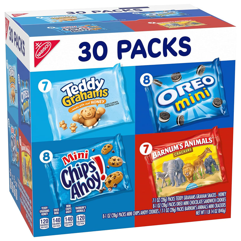 Team Favorites Variety Pack, OREO Mini, CHIPS AHOY! Mini, Teddy Grahams Honey & Barnum'S Animal Crackers, School Snacks, 30 Snack Packs