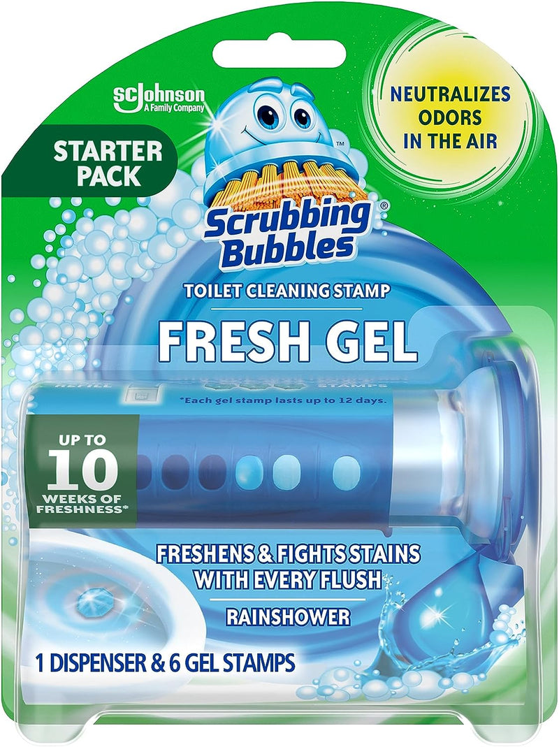 Toilet Gel Stamps, Fresh Gel Toilet Cleaning Stamps, Helps Keep Toilet Clean and Helps Prevent Limescale & Toilet Rings, Rainshower Scent, 1 Dispenser with 6 Stamps