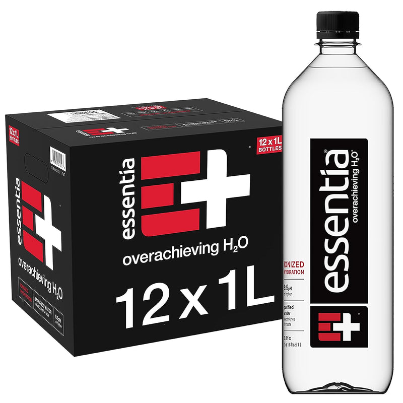 Essentia Water Bottled, Ionized Alkaline Water:99.9% Pure, Infused with Electrolytes, 9.5 Ph or Higher with a Clean, Smooth Taste, 1 Litre (Pack of 12)