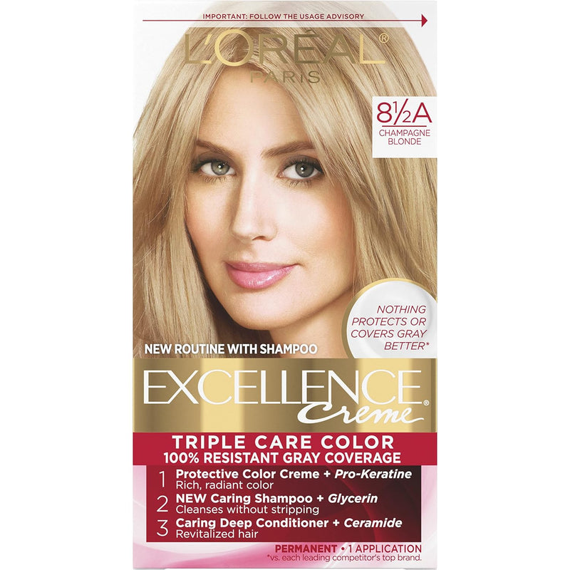 Excellence Creme Permanent Triple Care Hair Color, 8.5A Champagne Blonde, Gray Coverage for up to 8 Weeks, All Hair Types, Pack of 1