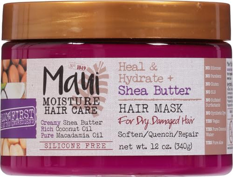 Heal & Hydrate + Shea Butter Hair Mask & Leave-In Conditioner Treatment to Deeply Nourish Curls & Help Repair Split Ends, Vegan, Silicone, Paraben & Sulfate-Free, 12 Oz