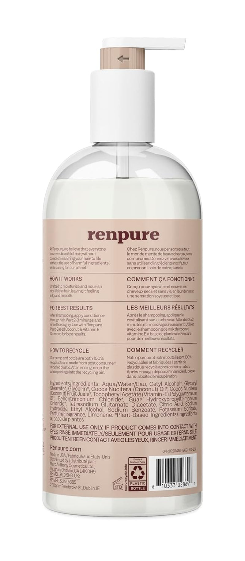 Plant Based Coconut and Vitamin E Moisturize and Replenish Conditioner - Ideal for Dry, Lifeless Hair - Leaves Hair Silky and Smooth - Paraben Free - Recyclable, Pump Bottle Design - 24 Fl Oz